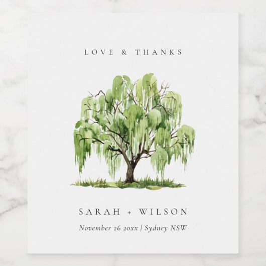 Rustige groene Waterverf Willow Tree Wedding Bedan Wijn Etiket (Enkel label)