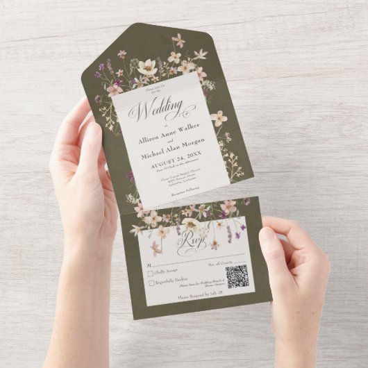 Rustige Groene Wilde Lijst QR-code All In One Uitnodiging (Afscheurbaar)