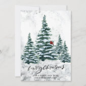 Rustige groene winterpine Trees rode kardinale vog Feestdagenkaart (Voorkant)