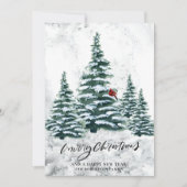 Rustige groene winterpine Trees rode kardinale vog Feestdagenkaart (Voorkant)