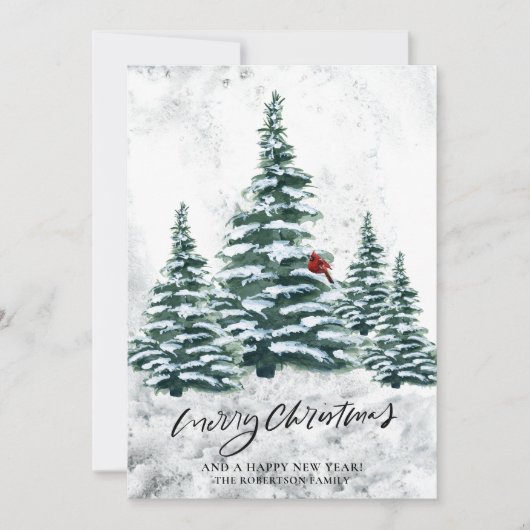 Rustige groene winterpine Trees rode kardinale vog Feestdagenkaart (Voorkant)