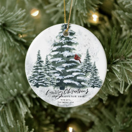 Rustige groene winterpine Trees rode kardinale vog Keramisch Ornament
