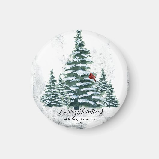 Rustige groene winterpine Trees rode kardinale vog Magneet (Voorkant)