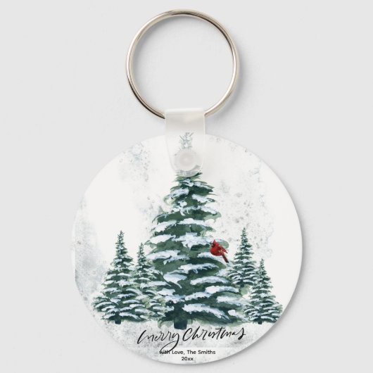 Rustige groene winterpine Trees rode kardinale vog Sleutelhanger (Voorkant)