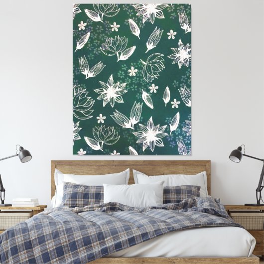 Rustige groene witte botanische wilde bloemen bloe canvas afdruk (Insitu (Slaapkamer))