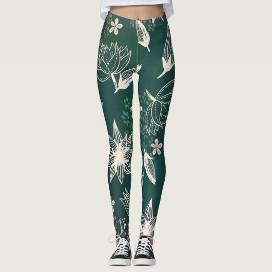 Rustige groene witte botanische wilde bloemen bloe leggings (Voorkant)