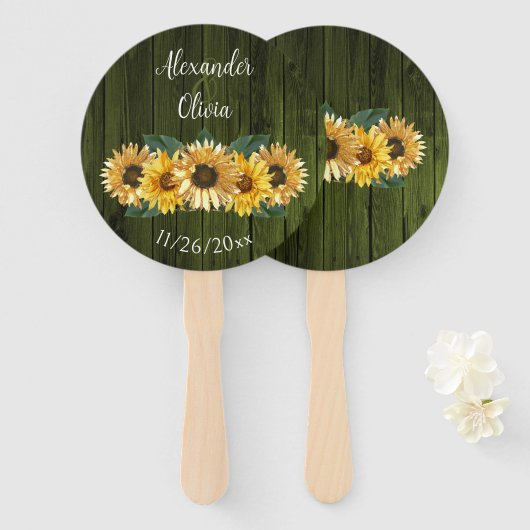 Rustige groene zonnebloem bruiloft voor handhand handwaaier (Voorkant en achterkant)