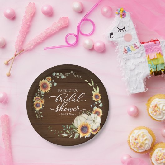 Rustige groene zonnebloemen pompoen herfst bruilof papieren bordje (Feest)