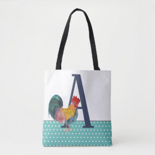 Rustige Grote Monogram Rooster Blauwgroen Polka Do Tote Bag