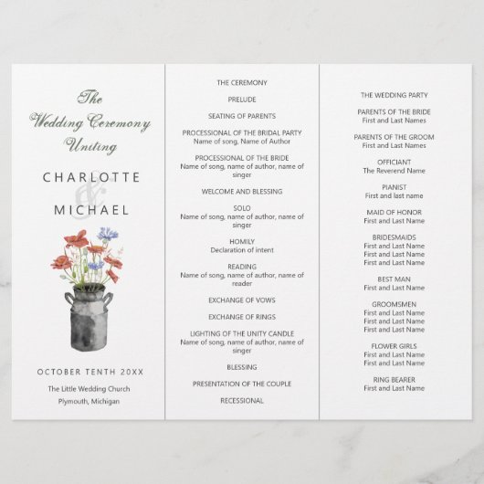 Rustige handgeplukte bloemen Tri-Fold trouwprogram (Voorkant)