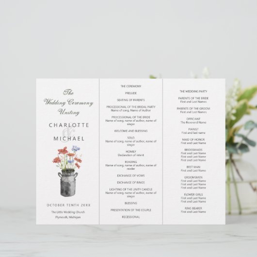 Rustige handgeplukte bloemen Tri-Fold trouwprogram (Staand voorkant)