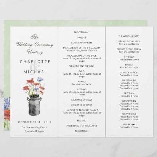 Rustige handgeplukte bloemen Tri-Fold trouwprogram (Voorkant / Achterkant)