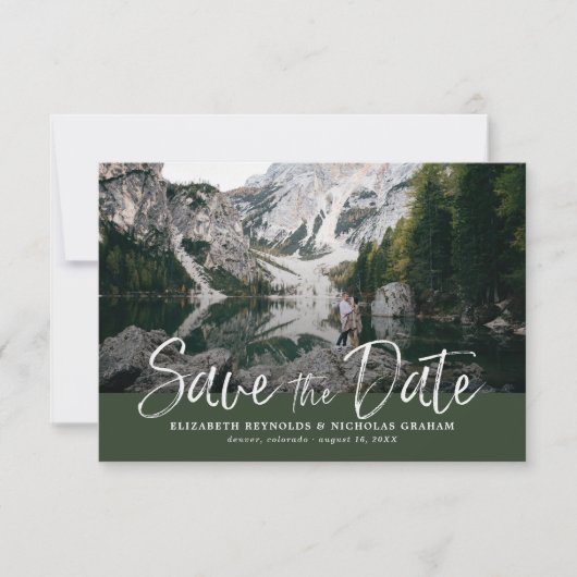 Rustige handgeschreven foto save the date-reactie RSVP kaartje (Voorkant)