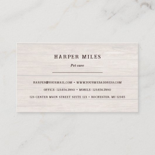 rustige happy dog, logo in hout visitekaartje (Achterkant)