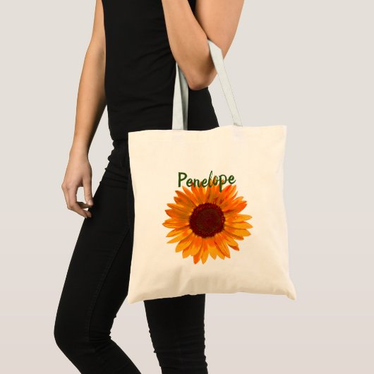 Rustige Happy Sunflower met naam Bridesmaid Tote Bag (Voorkant (product))