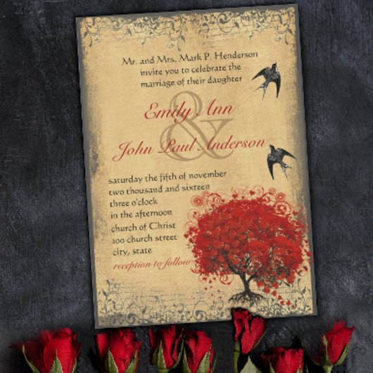 Rustige Heart Leaf Red Tree Love Bird Wedding Kaart
