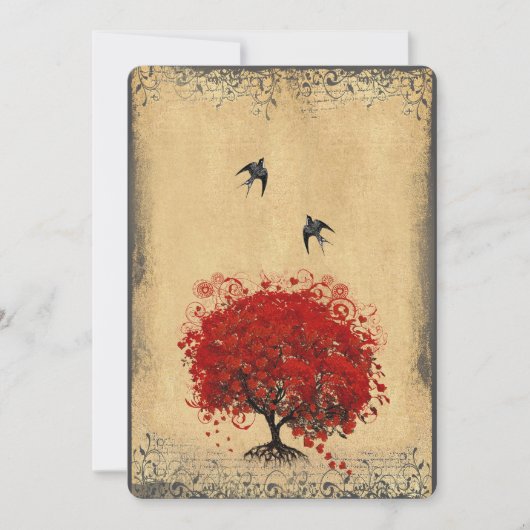 Rustige Heart Leaf Red Tree Love Bird Wedding Kaart (Voorkant)