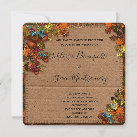 Rustige Herfst bloemen en eikels op faux-karton Kaart (Voorkant)