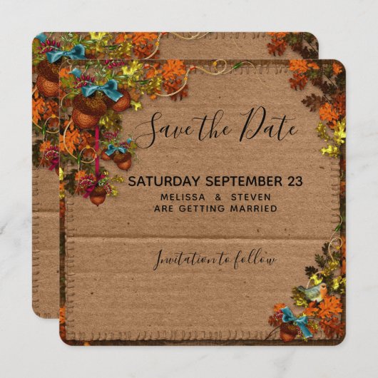 Rustige Herfst bloemen en eikels op faux-karton Save The Date (Voorkant / Achterkant)