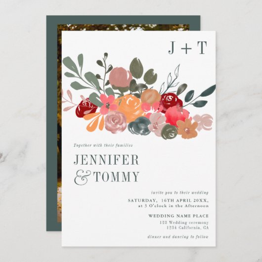 Rustige herfst bogundy groene bloemetjesfotobruilo kaart (Voorkant / Achterkant)