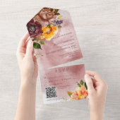 Rustige Herfst Burgundy Yellow Floral Wine QR-code All In One Uitnodiging (Afscheurbaar)