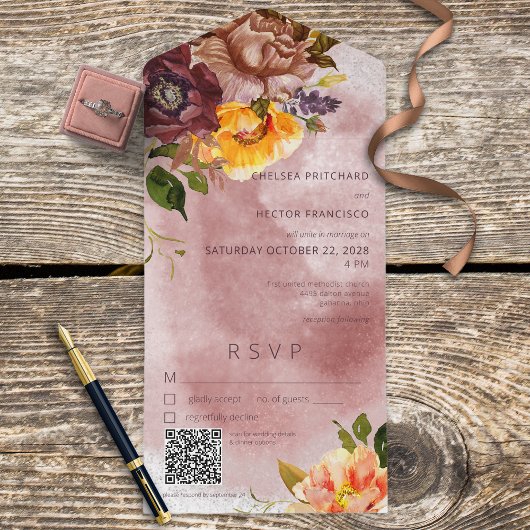 Rustige Herfst Burgundy Yellow Floral Wine QR-code All In One Uitnodiging