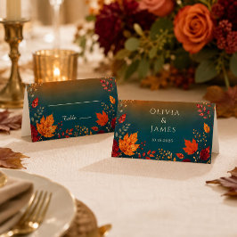 Rustige herfst eikenbladeren in turquoise en oranj plaatskaartje