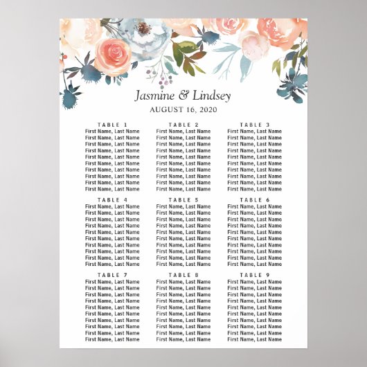 Rustige Herfst Floral 9 Tables Wedding Seding Char Poster (Voorkant)