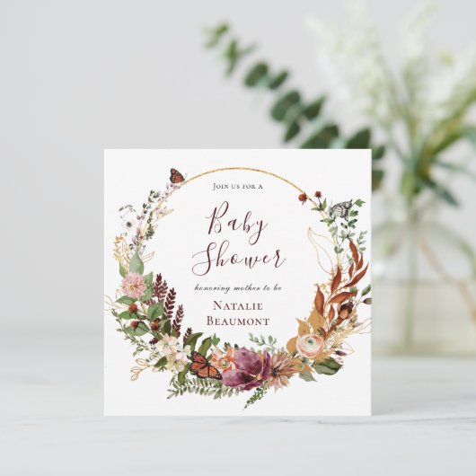 Rustige Herfst Floral en Greenery Square Baby show Kaart (Staand voorkant)