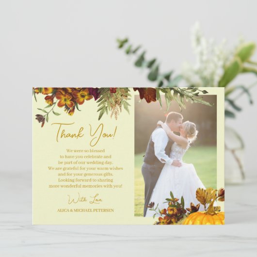 Rustige herfst floral gold script foto bruiloft bedankkaart (Staand voorkant)