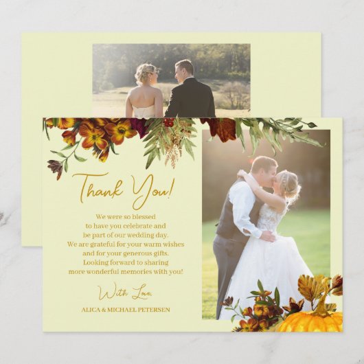 Rustige herfst floral gold script foto bruiloft bedankkaart (Voorkant / Achterkant)