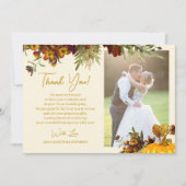 Rustige herfst floral gold script foto bruiloft bedankkaart (Voorkant)