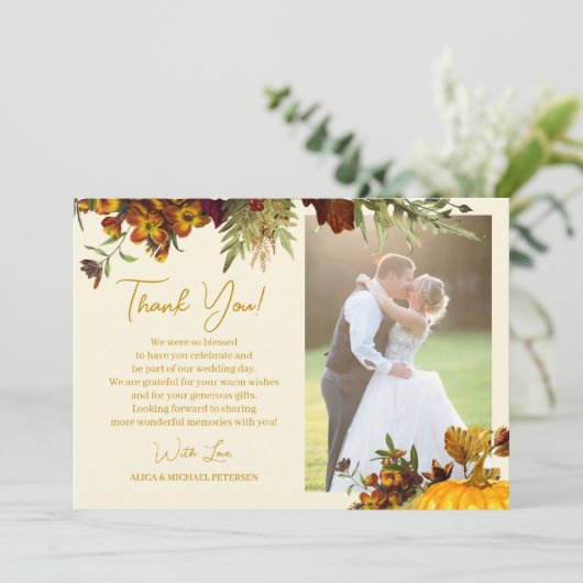 Rustige herfst floral gold script foto bruiloft bedankkaart (Staand voorkant)
