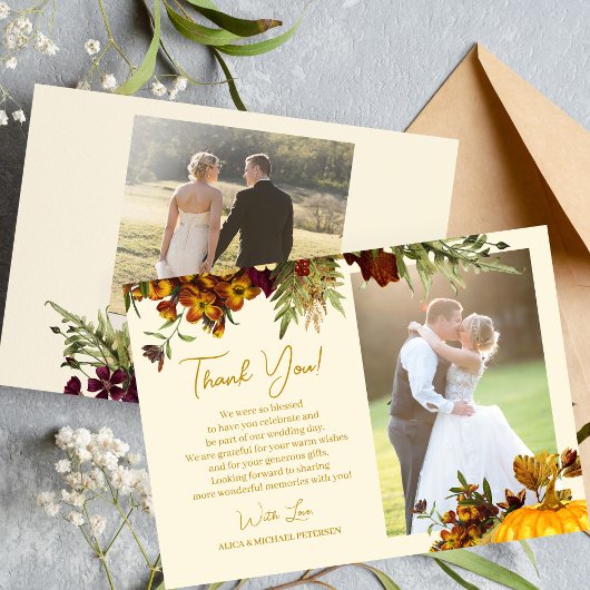 Rustige herfst floral gold script foto bruiloft bedankkaart