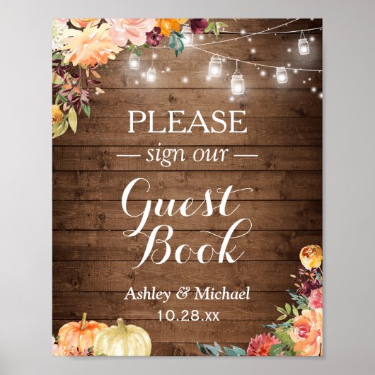 Rustige Herfst Floral Mason Jar Lights Guestbook Poster (Voorkant)
