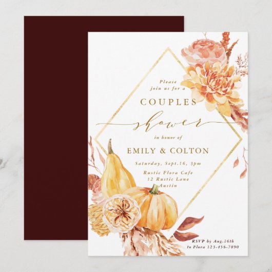 Rustige Herfst Floral Pumpkin Gold Couples — Showe Kaart (Voorkant / Achterkant)
