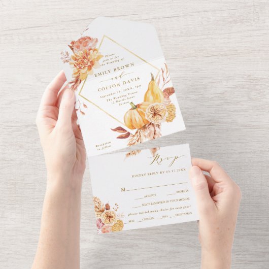 Rustige Herfst Floral Pumpkin Gold Wedding All In One Uitnodiging (Afscheurbaar)