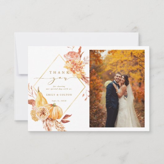 Rustige Herfst Floral Pumpkin Wedding 2 Foto Gold Bedankkaart (Voorkant)