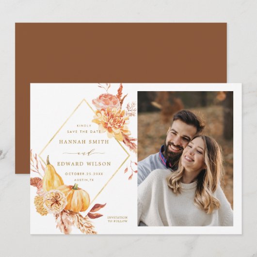 Rustige Herfst Floral Pumpkin Wedding Foto Gold Save The Date (Voorkant / Achterkant)