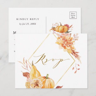 Rustige Herfst Floral Pumpkin Wedding Gold RSVP Briefkaart
