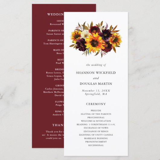 Rustige Herfst Floral Sunflower Wedding Programmakaart (Voorkant / Achterkant)
