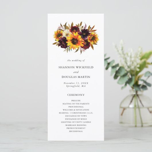 Rustige Herfst Floral Sunflower Wedding Programmakaart (Staand voorkant)