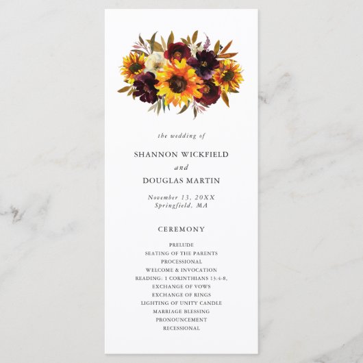 Rustige Herfst Floral Sunflower Wedding Programmakaart (Voorkant)