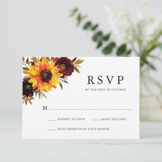 Rustige Herfst Floral Sunflower Wedding RSVP Kaartje (Staand voorkant)