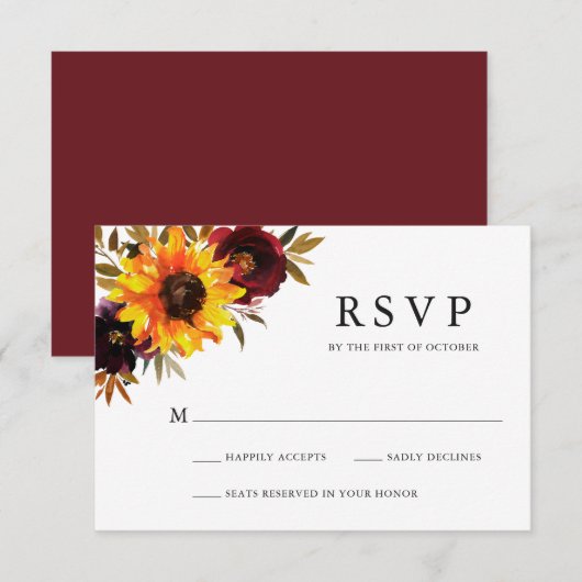 Rustige Herfst Floral Sunflower Wedding RSVP Kaartje (Voorkant / Achterkant)