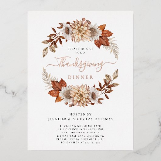 Rustige Herfst Floral Thanksgiving Folie Uitnodiging Briefkaart (Voorkant)