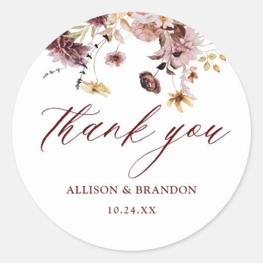 Rustige Herfst Floral Wedding Dank je wel Ronde Sticker (Voorkant)