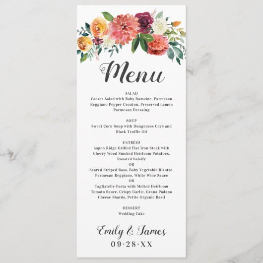 Rustige Herfst Floral Wedding Monogram diner Menu (Voorkant)