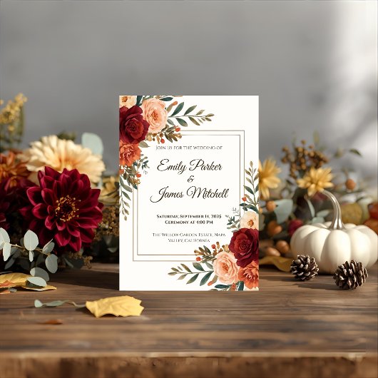 Rustige Herfst Floral Wedding Uitnodiging