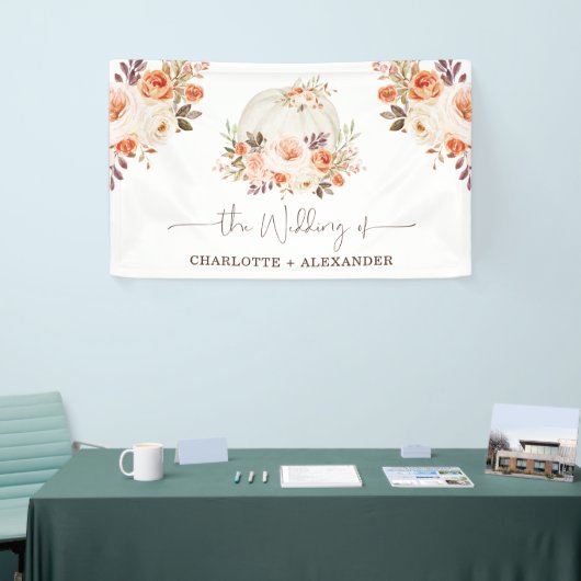 Rustige Herfst Floral White Pumpkin Wedding Party Spandoek (Beurs)